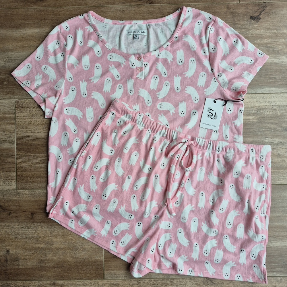 NWT Sincerely Jules Pink Ghost Print Short Pajama Set SUPER SOFT